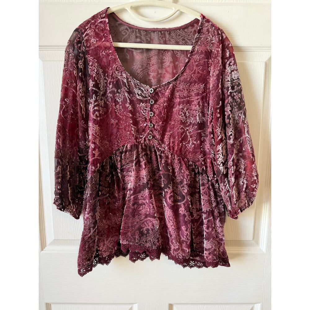 Y2K Style Burgundy‎ Velvet Burnout Empire Waist Blouse Est size Medium Bohemian